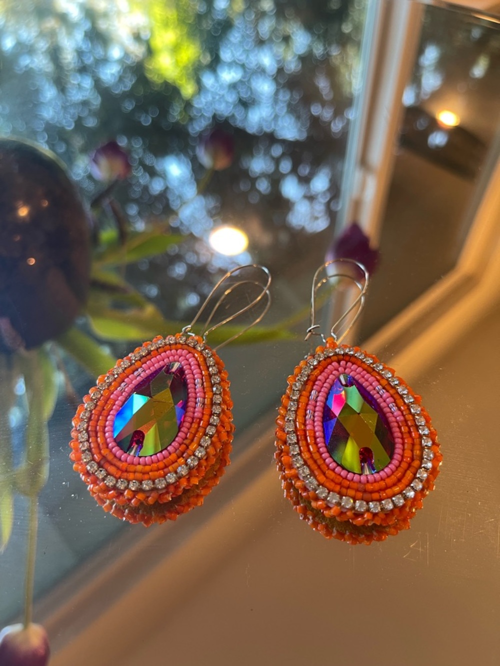 Handcrafted Orange Beaded Teardrop Earrings with Iridescent Crystal